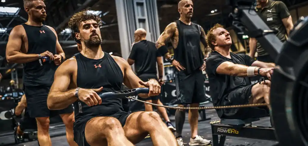 Rowing machine exercise in HYROX training at Re-Creation Health Club